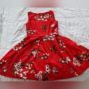 Red floral Taylor scuba fit and flare dress with pockets, size 10 US, EUC